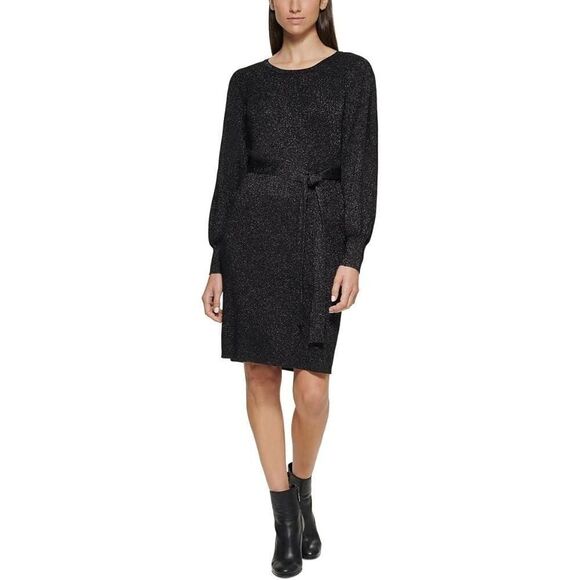 Calvin Klein Black Long Slleeve Metallic Shimmer Midi Sweater Dress Size Small - Picture 2 of 9
